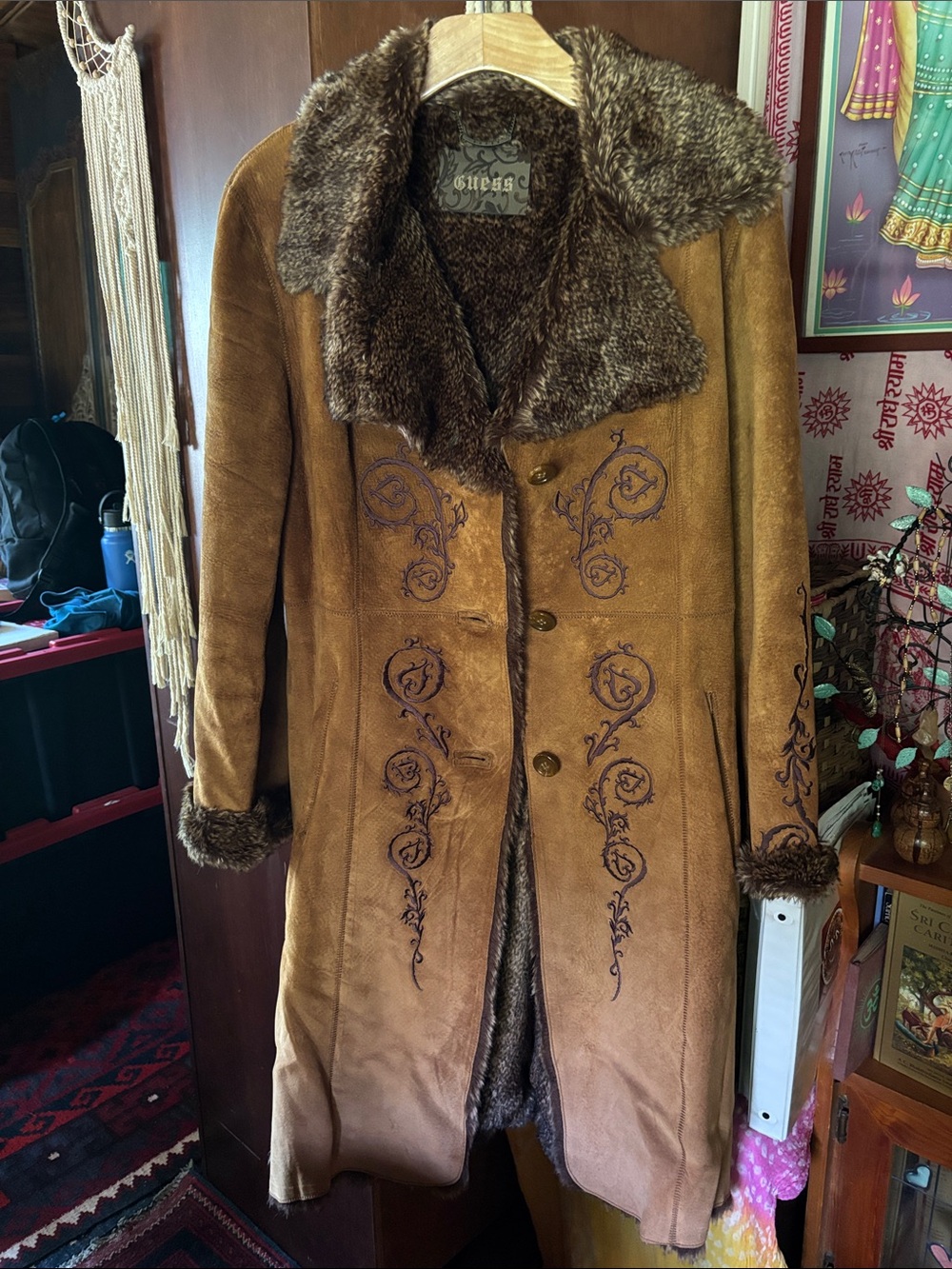 GUESS Genuine Leather Penny Lane Coat Embroidered Faux Fur Y2K Boho